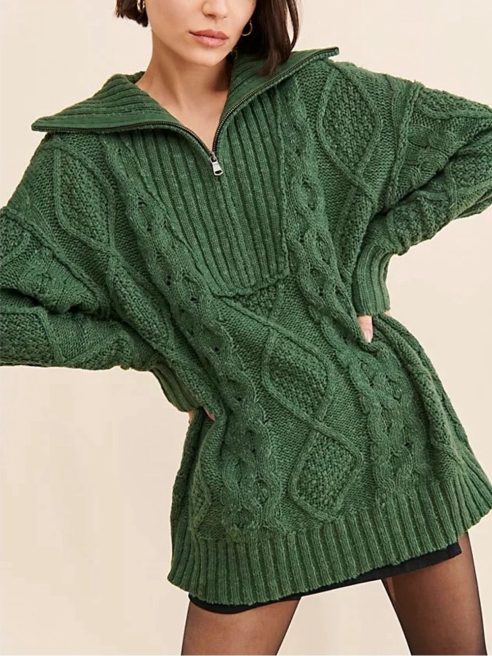 Free People Driftwood Cowl Neck Cable Knit Oversized Olive Green Sweater